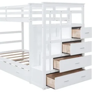 Twin Over Twin Staircase Bunk Bed with Trundle, Triple Bunk Bed, Storage Stairs, Safety Rail, Drawers, Solid Wood, Bedroom Set,