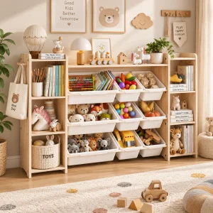 Kids Bookshelf with 9 Storage Bins